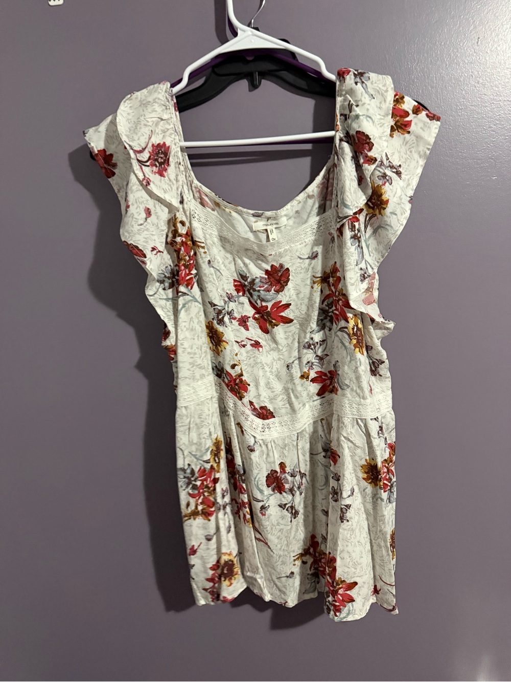 Maurices White Floral Lace-Detail Blouse with Red and Mustard Accents